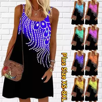 Женское мини-платье с цветочным принтом и кисточками без рукавов, летнее пляжное платье, сарафан XS синий