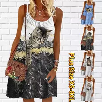 Женское мини-платье с цветочным принтом и двумя котятами, вечернее платье без рукавов, летнее пляжное платье, сарафан XS синий