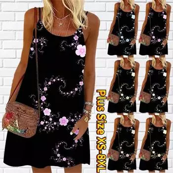 Женское мини-платье с цветочным принтом, вечернее платье без рукавов, летнее пляжное платье, сарафан XS синий