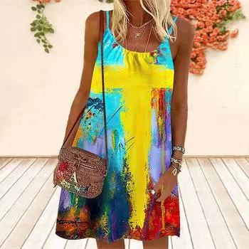 Женское мини-платье с цветочным принтом и чернилами, вечернее платье без рукавов, летнее пляжное платье, сарафан XS жёлтый