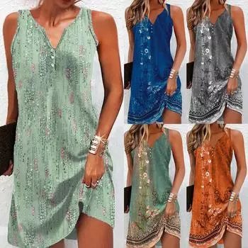 Женское мини-платье с цветочным принтом и V-образным вырезом, женские праздничные пляжные солнцезащитные платья в стиле бохо S светло-зеленый