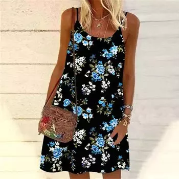 Женское мини-платье с цветочным принтом в виде синей феи, вечернее платье без рукавов, летнее пляжное платье, сарафан XS синий