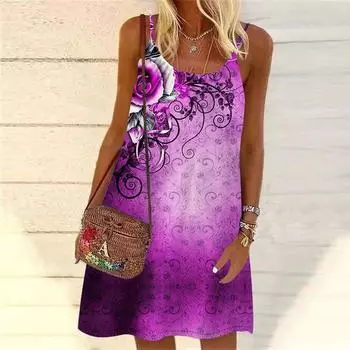 Женское мини-платье с цветочным принтом и розами, вечернее платье без рукавов, летнее пляжное платье, сарафан XS синий
