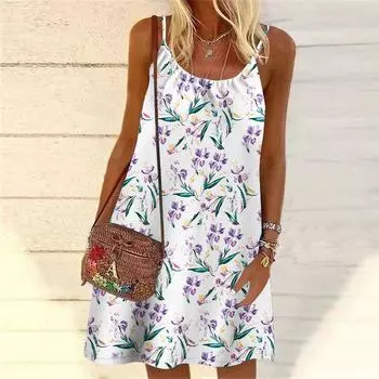 Женское мини-платье с цветочным принтом лаванды, вечернее платье без рукавов, летнее пляжное платье, сарафан XS синий