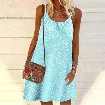 Женское мини-платье с цветочным принтом в виде круговых точек, без рукавов, вечернее платье, летнее пляжное платье, сарафан XS синий