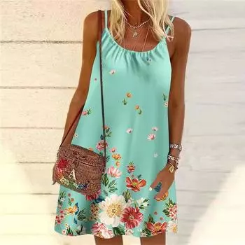 Женское мини-платье с цветочным принтом, вечернее платье без рукавов, летнее пляжное платье, сарафан XS синий