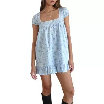 Женское мини-платье с цветочным принтом, короткими рукавами, квадратным вырезом, оборками по подолу, платье-бэбидолл, повседневное платье S синий