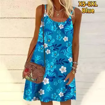 Женское мини-платье с цветочным принтом и цветами, разбросанными по небу, вечернее платье без рукавов, летнее пляжное платье, сарафан XS синий