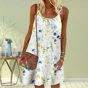 Женское мини-платье с цветочным принтом, без рукавов, вечернее платье, летнее пляжное платье, сарафан XS светло-синий
