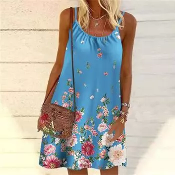 Женское мини-платье с цветочным принтом, вечернее платье без рукавов, летнее пляжное платье, сарафан XS светло-синий