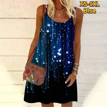 Женское мини-платье с цветочным принтом и ярким пятном, вечернее платье без рукавов, летнее пляжное платье, сарафан S синий