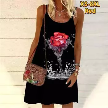 Женское мини-платье с цветочным принтом и розами, вечернее платье без рукавов, летнее пляжное платье, сарафан XS красный