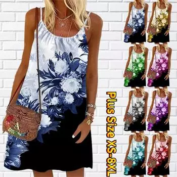 Женское мини-платье с цветочным принтом анемоны, вечернее платье без рукавов, летнее пляжное платье, сарафан XS синий