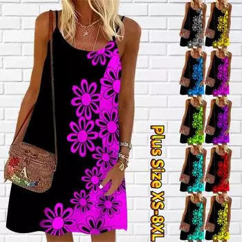 Женское мини-платье с цветочным принтом без рукавов, летнее пляжное платье, сарафан 7XL чёрный