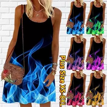 Женское мини-платье с цветочным принтом горящего пламени, вечернее платье без рукавов, летнее пляжное платье, сарафан XS синий