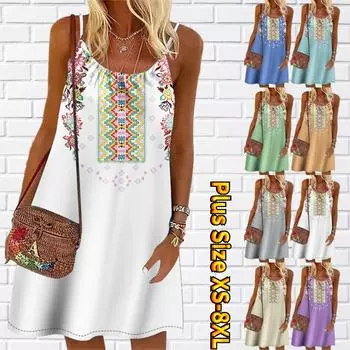 Женское мини-платье с цветочным венком и принтом без рукавов, летнее пляжное платье, сарафан XS синий