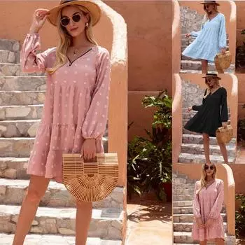 Женское мини-платье с длинным рукавом, платье в горошек, с V-образным вырезом, на молнии, повседневное, расклешенное, А-силуэтное платье-трапеция M чёрный