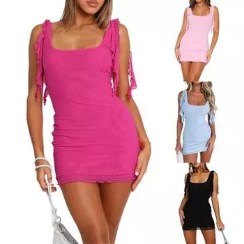 Женское мини-платье с глубоким вырезом и квадратным вырезом, с бахромой, облегающее однотонное однотонное платье без рукавов, высокая эластичность, двухслойное сетчатое платье с открытой спиной, женское S чёрный