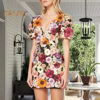 Женское мини-платье с красочным вышитым цветочным декором, короткое платье с v-образным вырезом и пышным платьем с короткими рукавами и бедрами S абрикосовый