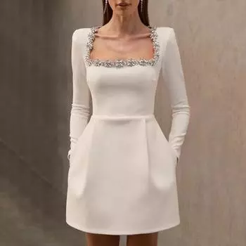 Женское мини-платье с квадратным воротником, длинным рукавом, декором из бисера и цветов, короткое платье с высокой талией и длиной выше колена S чёрный