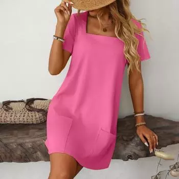 Женское мини-платье с квадратным воротником и коротким рукавом, повседневное однотонное летнее платье длиной до колена XL светло-синий