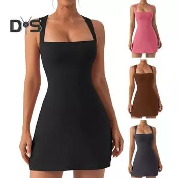 Женское мини-платье с квадратным вырезом, без рукавов, с открытой спиной, высокая эластичность, однотонное облегающее платье длиной выше колена с высокой талией S чёрный