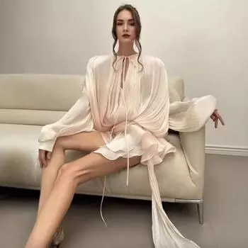 Женское мини-платье с оборками и V-образным вырезом, длинными рукавами, со шнуровкой и шортами, летнее плиссированное короткое платье XL абрикосовый