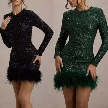 Женское мини-платье с отделкой из пайеток и перьев, сексуальное облегающее платье с длинным рукавом, блестящее коктейльное платье для вечеринки по случаю дня рождения, клубной ночи L темно-зеленого