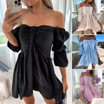 Женское мини-платье с открытыми плечами, свободный подол, высокая талия, объемные рукава, трапециевидное однотонное мягкое плиссированное женское пляжное платье для выпускного вечера XL розовый