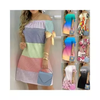 Женское мини-платье с открытыми плечами, летнее повседневное платье в полоску с коротким рукавом и галстуком-бабочкой, сексуальное свободное вечернее платье трапециевидной формы, Vestidos 3XL