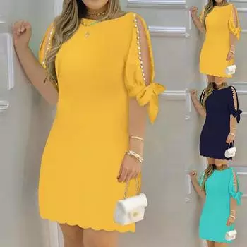 Женское мини-платье с открытыми плечами, женские летние свободные повседневные платья с жемчугом и бисером S светло-синий