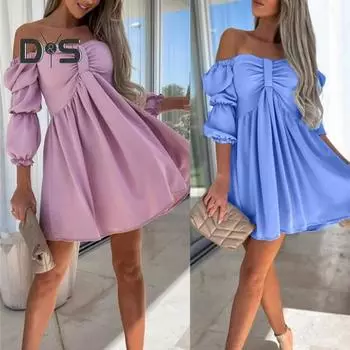Женское мини-платье с открытыми плечами, свободным подолом, высокой талией, рукавами-фонариками, А-силуэтом, однотонное мягкое плиссированное женское пляжное выпускное платье XL розовый