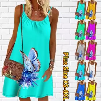 Женское мини-платье с принтом цветка и бабочки, вечернее платье без рукавов, летнее пляжное платье, сарафан XS светло-зеленый