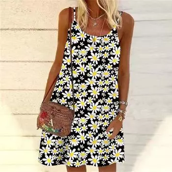 Женское мини-платье с принтом цветка и маленькой ромашки без рукавов, вечернее платье, летнее пляжное платье, сарафан XS белый