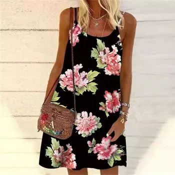 Женское мини-платье с принтом цветочных пионов без рукавов, вечернее платье, летнее пляжное платье, сарафан XS синий