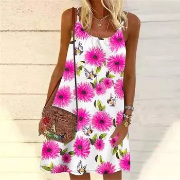 Женское мини-платье с принтом цветочных хризантем, вечернее платье без рукавов, летнее пляжное платье, сарафан XS оранжевый