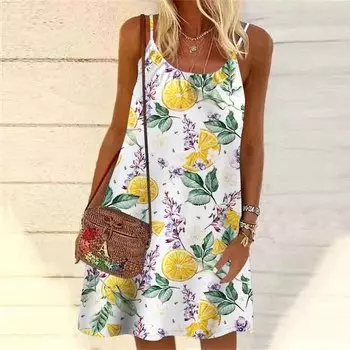 Женское мини-платье с принтом цветов лимона без рукавов, вечернее платье, летнее пляжное платье, сарафан XS синий