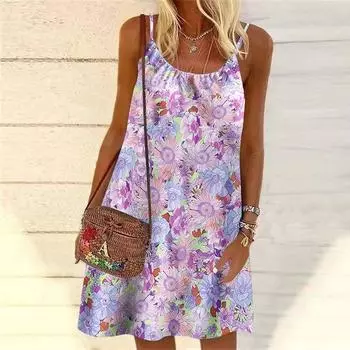 Женское мини-платье с принтом фиолетовых хризантем и цветком, без рукавов, вечернее платье, летнее пляжное платье, сарафан XS жёлтый