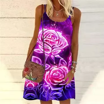 Женское мини-платье с принтом гигантских роз, без рукавов, вечернее платье, летнее пляжное платье, сарафан XS золотой