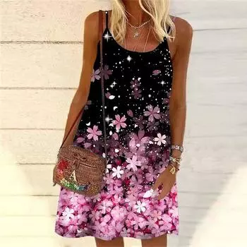 Женское мини-платье с принтом плавающих цветов без рукавов, вечернее платье, летнее пляжное платье, сарафан XS синий