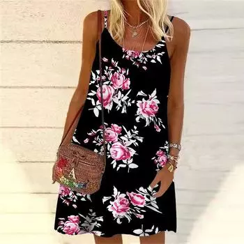 Женское мини-платье с принтом розовых роз и цветов, вечернее платье без рукавов, летнее пляжное платье, сарафан XS синий