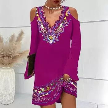 Женское мини-платье с принтом в стиле ретро в этническом стиле, волнистое платье с v-образным вырезом и открытыми плечами, расклешенное с длинным рукавом, свободное повседневное платье, уличная одежда L темно-синий