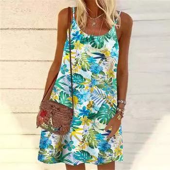 Женское мини-платье с принтом в виде листьев банана и цветов, вечернее платье без рукавов, летнее пляжное платье, сарафан XS синий