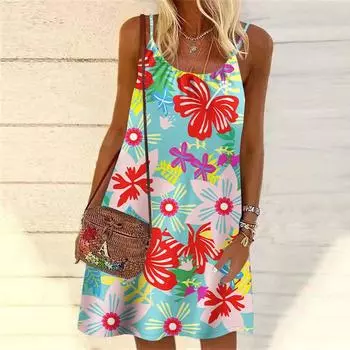 Женское мини-платье с принтом в виде цветка и листьев, вечернее платье без рукавов, летнее пляжное платье, сарафан XS зелёный
