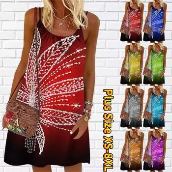 Женское мини-платье с ярким бриллиантом и большим цветочным принтом, вечернее платье без рукавов, летнее пляжное платье, сарафан XS красный