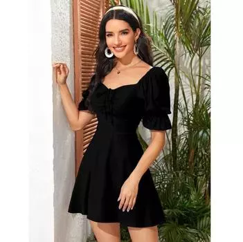 Женское мини-платье с рукавами-фонариками, сборками на груди, завязками спереди, в стиле вестерн, однотонное XS чёрный