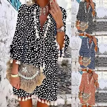 Женское мини-платье с рукавами три четверти в стиле бохо в горошек и кисточками с v-образным вырезом L чёрный