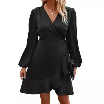 Женское мини-платье с V-образным вырезом, длинными рукавами-фонариками, шнуровкой по бокам, однотонное, из гладкого атласа, с отделкой рюшами S