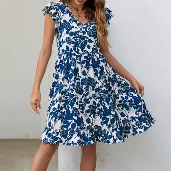 Женское мини-платье с v-образным вырезом и летающими рукавами с цветочным принтом, повседневное праздничное платье с рюшами и подолом, элегантное платье, уличная одежда XL зелёный