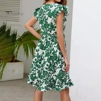 Женское мини-платье с v-образным вырезом и летающими рукавами с цветочным принтом, повседневное праздничное платье с рюшами и подолом, элегантное платье, уличная одежда XL зелёный